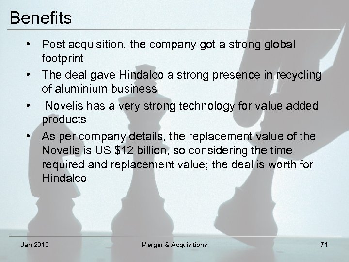 Benefits • Post acquisition, the company got a strong global footprint • The deal