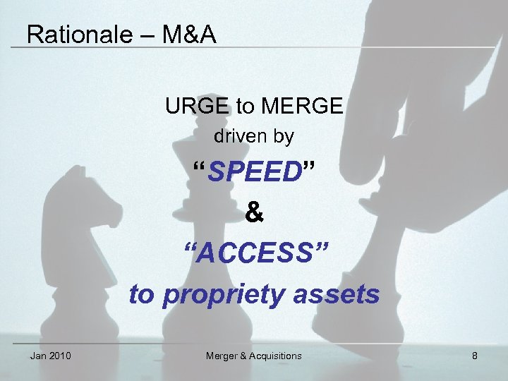 Rationale – M&A URGE to MERGE driven by “SPEED” & “ACCESS” to propriety assets