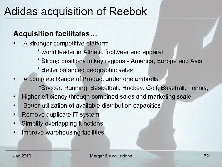 Adidas acquisition of Reebok Acquisition facilitates… • A stronger competitive platform * world leader