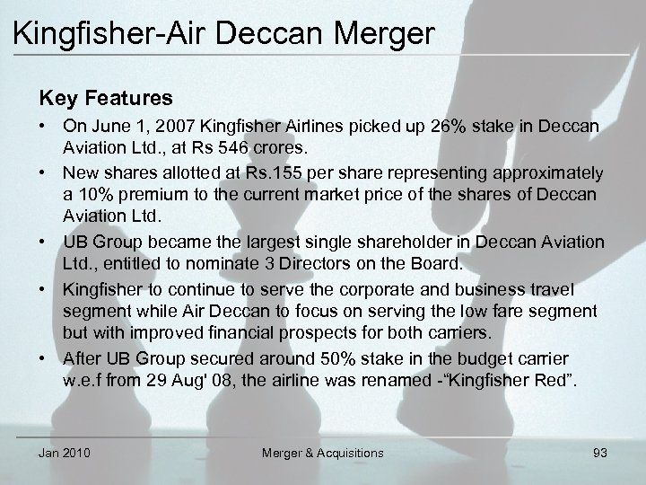 Kingfisher-Air Deccan Merger Key Features • On June 1, 2007 Kingfisher Airlines picked up