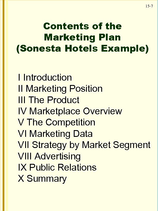 15 -7 Contents of the Marketing Plan (Sonesta Hotels Example) I Introduction II Marketing