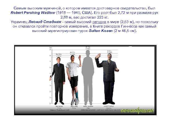 Самым высоким мужчиной, о котором имеется достоверное свидетельство, был Robert Pershing Wadlow (1918 —