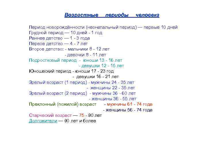 Возрастные периоды человека Период новорождённости (неонатальный период) — первые 10 дней Грудной период —