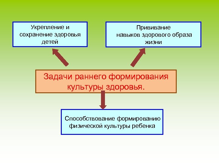 Укрепление и сохранение здоровья детей Прививание навыков здорового образа жизни Задачи раннего формирования культуры