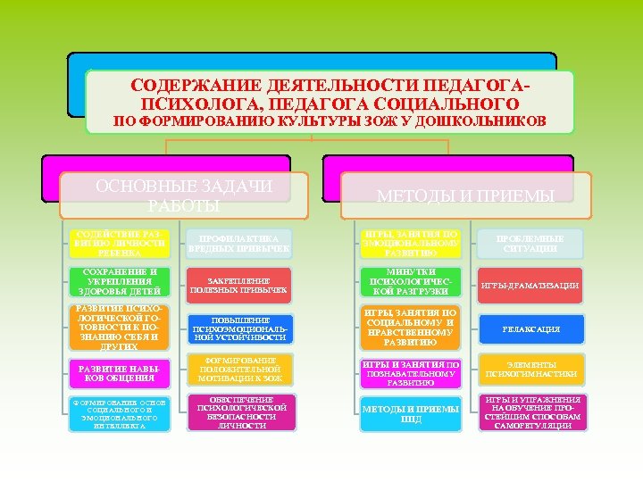 СОДЕРЖАНИЕ ДЕЯТЕЛЬНОСТИ ПЕДАГОГАПСИХОЛОГА, ПЕДАГОГА СОЦИАЛЬНОГО ПО ФОРМИРОВАНИЮ КУЛЬТУРЫ ЗОЖ У ДОШКОЛЬНИКОВ ОСНОВНЫЕ ЗАДАЧИ РАБОТЫ