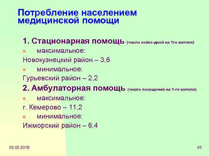 Потребление населением медицинской помощи 1. Стационарная помощь (число койко-дней на 1 го жителя) максимальное: