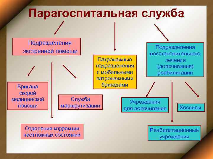 Парагоспитальная служба Подразделения экстренной помощи Бригада скорой медицинской помощи Патронажные подразделения с мобильными патронажными