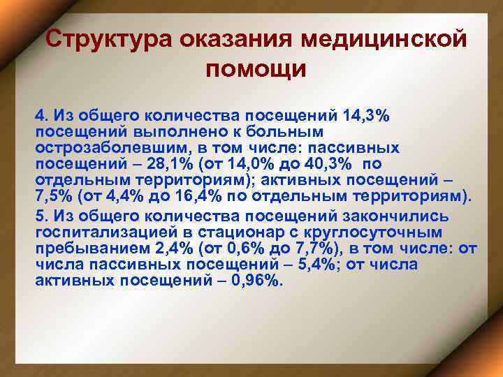 Структура оказания медицинской помощи 4. Из общего количества посещений 14, 3% посещений выполнено к