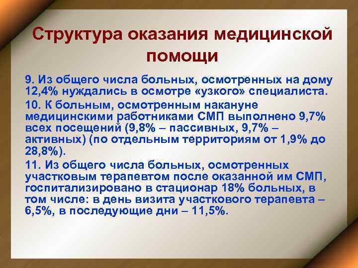 Структура оказания медицинской помощи 9. Из общего числа больных, осмотренных на дому 12, 4%