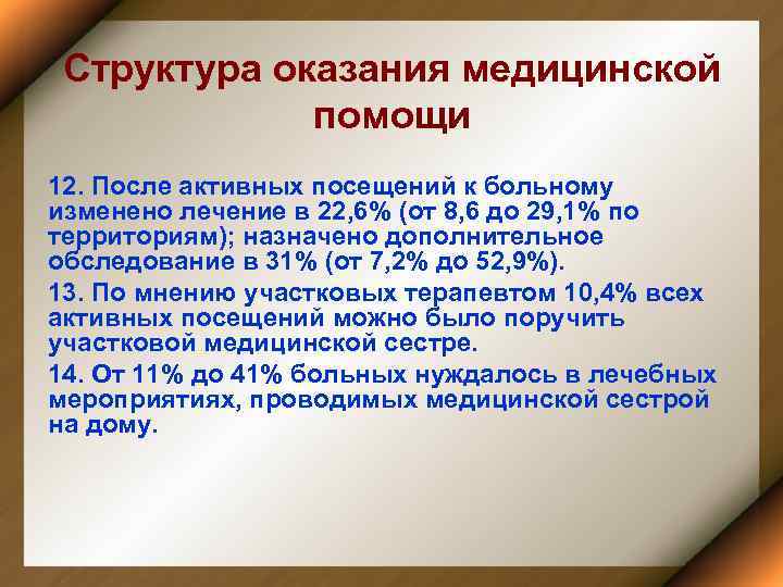 Структура оказания медицинской помощи 12. После активных посещений к больному изменено лечение в 22,