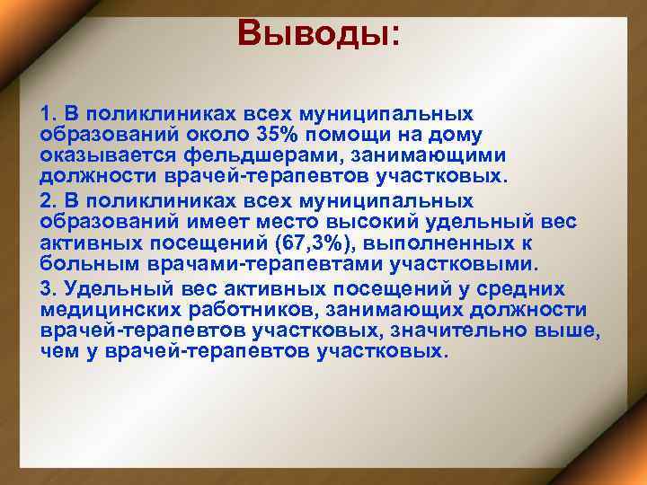 Выводы: 1. В поликлиниках всех муниципальных образований около 35% помощи на дому оказывается фельдшерами,