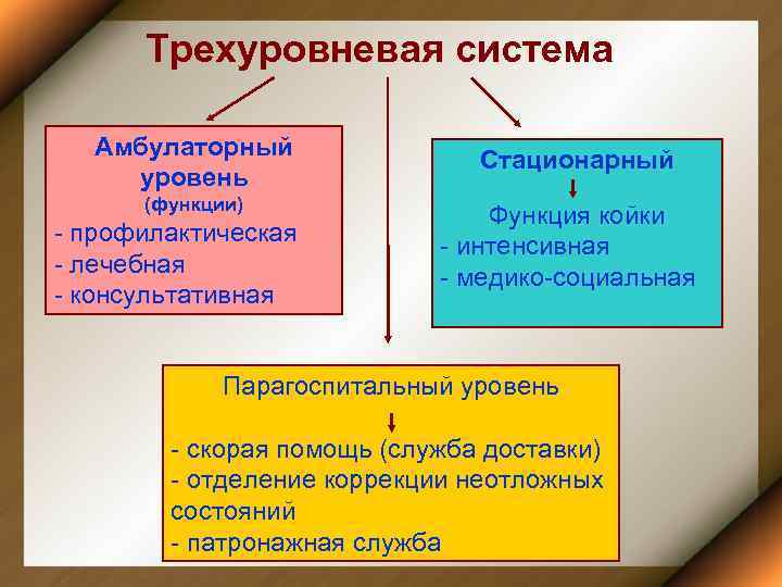 Трехуровневая система Амбулаторный уровень (функции) - профилактическая - лечебная - консультативная Стационарный Функция койки