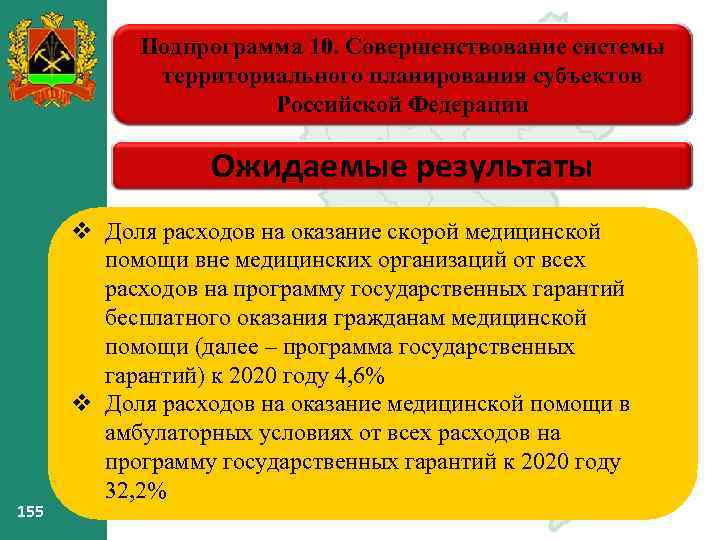 Подпрограмма 10. Совершенствование системы территориального планирования субъектов Российской Федерации Ожидаемые результаты 155 v Доля