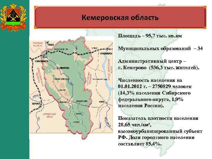 Кемеровская область Площадь – 95, 7 тыс. кв. км Муниципальных образований – 34 Административный