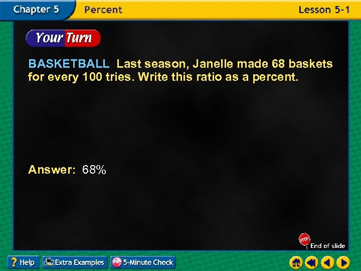 BASKETBALL Last season, Janelle made 68 baskets for every 100 tries. Write this ratio