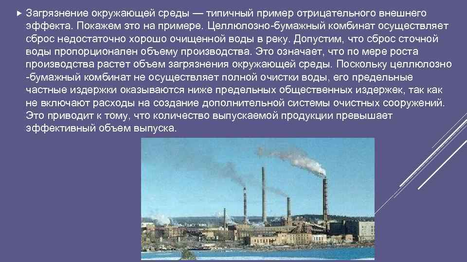  Загрязнение окружающей среды — типичный пример отрицательного внешнего эффекта. Покажем это на примере.