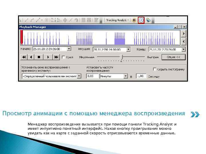 Просмотр анимации с помощью менеджера воспроизведения Менеджер воспроизведения вызывается при помощи панели Tracking Analyst