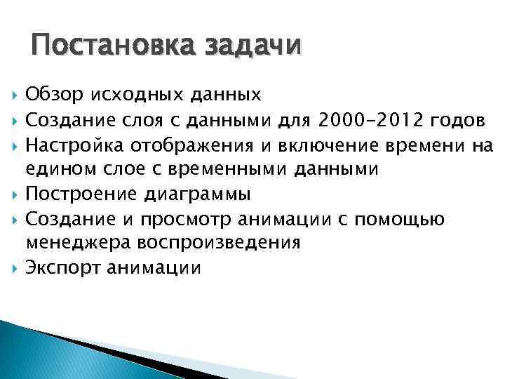 Постановка задачи Обзор исходных данных Создание слоя с данными для 2000 -2012 годов Настройка