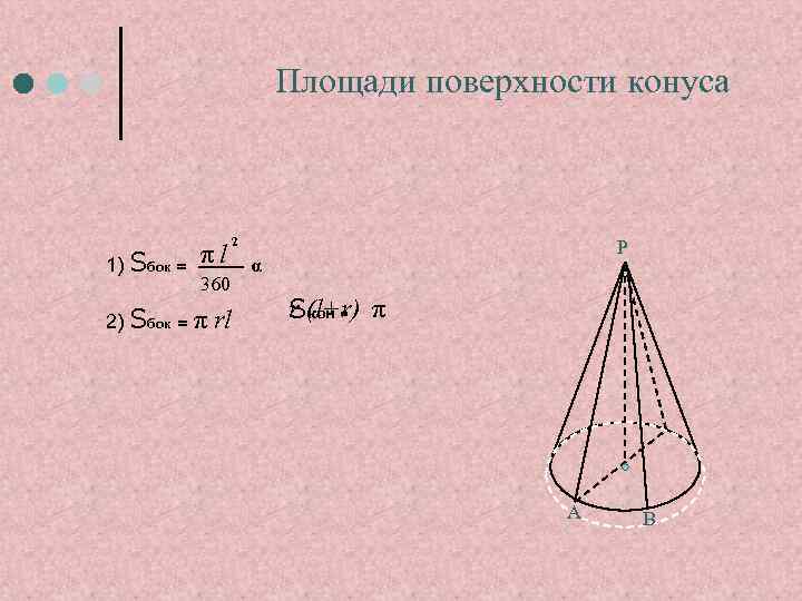 Площади поверхности конуса 1) Sбок = πl 360 2) Sбок = π rl 2