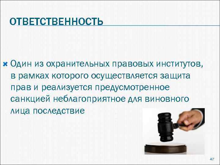 ОТВЕТСТВЕННОСТЬ Один из охранительных правовых институтов, в рамках которого осуществляется защита прав и реализуется