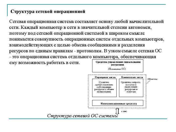 Структура сетевой операционной системы Сетевая операционная система составляет основу любой вычислительной сети. Каждый компьютер