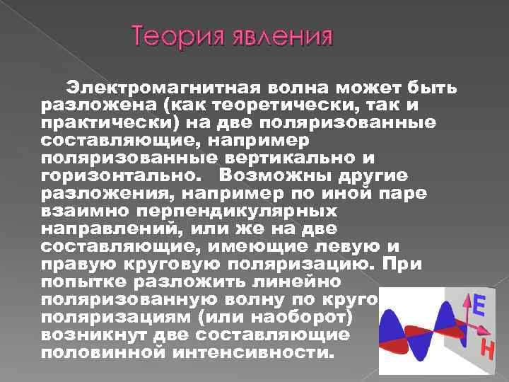 Теория явления Электромагнитная волна может быть разложена (как теоретически, так и практически) на две