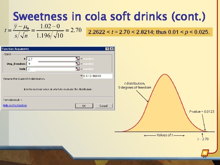 Sweetness in cola soft drinks (cont. ) 2. 2622 < t = 2. 70