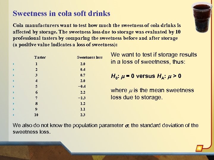 Sweetness in cola soft drinks Cola manufacturers want to test how much the sweetness