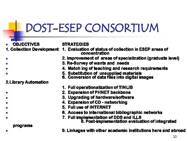 DOST-ESEP CONSORTIUM OBJECTIVES STRATEGIES 1. Collection Development 1. Evaluation of status of collection in