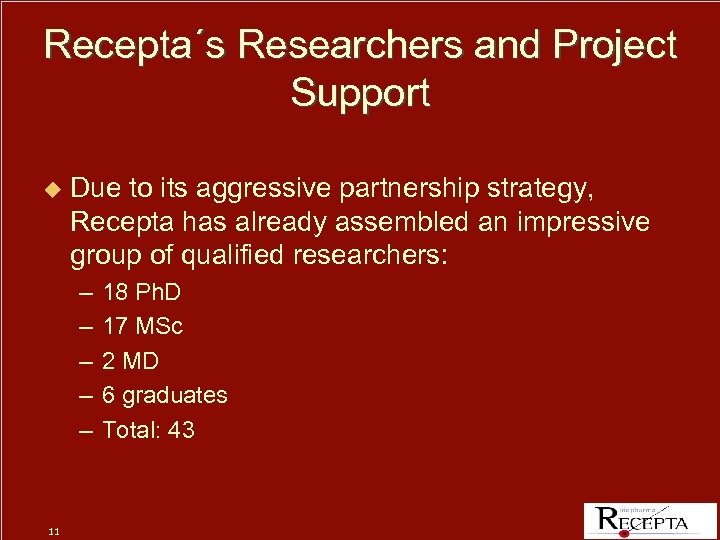 Recepta´s Researchers and Project Support u Due to its aggressive partnership strategy, Recepta has