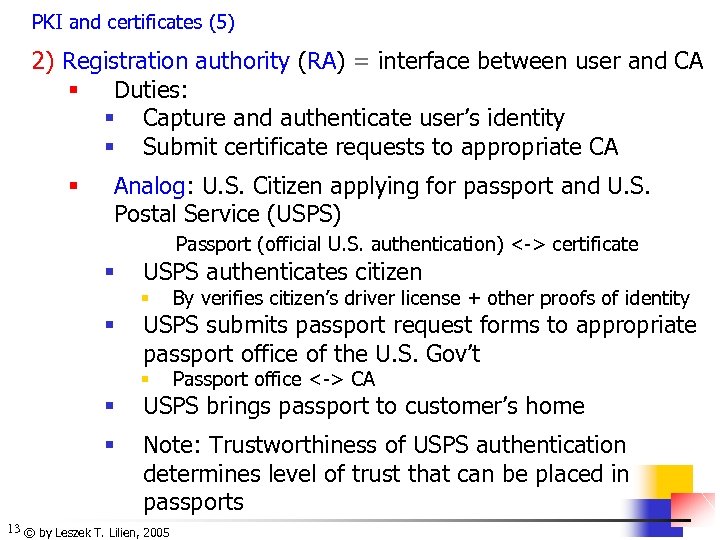 PKI and certificates (5) 2) Registration authority (RA) = interface between user and CA