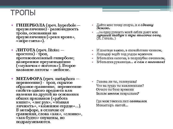 Тропы приемы егэ. Тропы в литературе. Тропы примеры. Тропы в литературе примеры. Виды тропов с примерами.