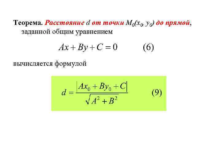 Теорема. Расстояние d от точки М 0(x 0, y 0) до прямой, заданной общим