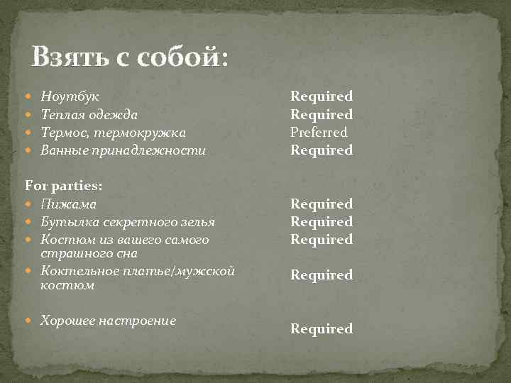 Взять с собой: Ноутбук Теплая одежда Термос, термокружка Ванные принадлежности For parties: Пижама Бутылка