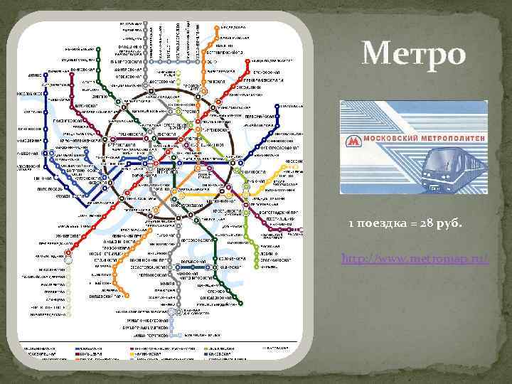 Метро 1 поездка = 28 руб. http: //www. metromap. ru/ 