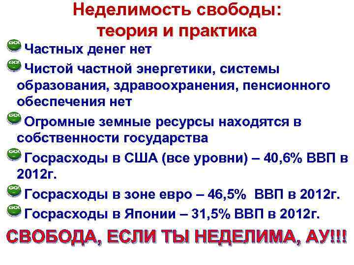 Неделимость свободы: теория и практика Частных денег нет Чистой частной энергетики, системы образования, здравоохранения,