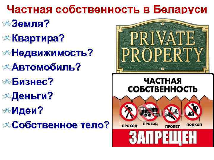 Частная собственность в Беларуси Земля? Квартира? Недвижимость? Автомобиль? Бизнес? Деньги? Идеи? Собственное тело? 