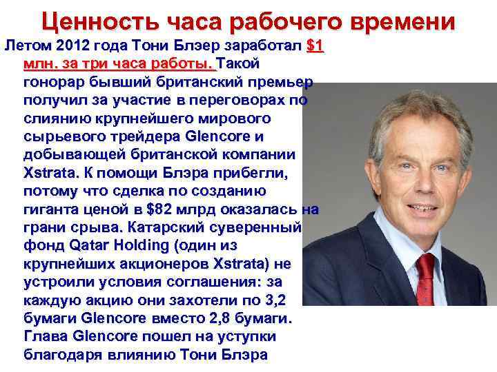 Ценность часа рабочего времени Летом 2012 года Тони Блэер заработал $1 млн. за три