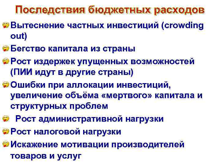 Последствия бюджетных расходов Вытеснение частных инвестиций (crowding out) Бегство капитала из страны Рост издержек