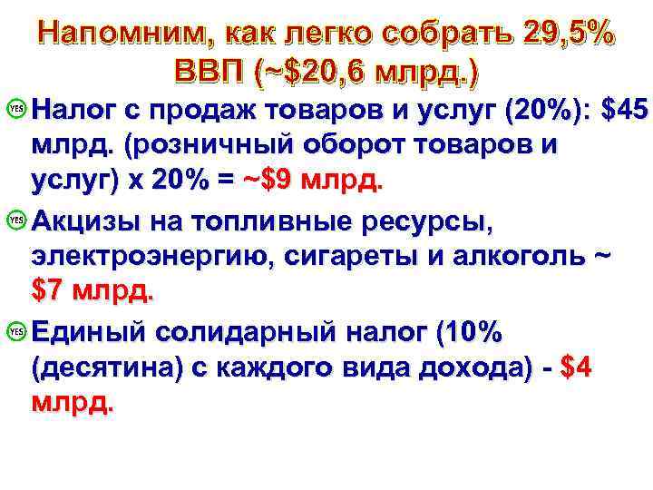 Напомним, как легко собрать 29, 5% ВВП (~$20, 6 млрд. ) Налог с продаж