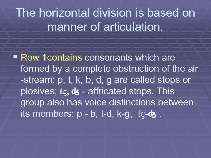 The horizontal division is based on manner of articulation. § Row 1 contains consonants