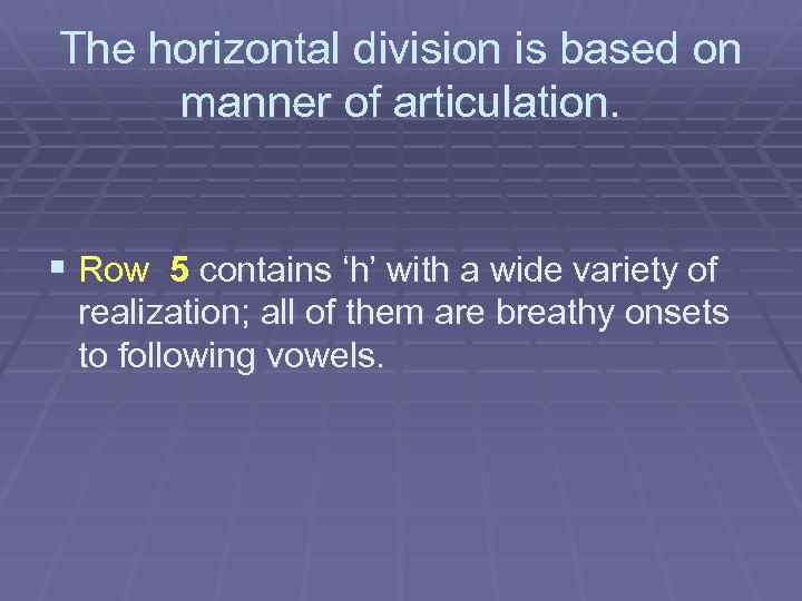 The horizontal division is based on manner of articulation. § Row 5 contains ‘h’