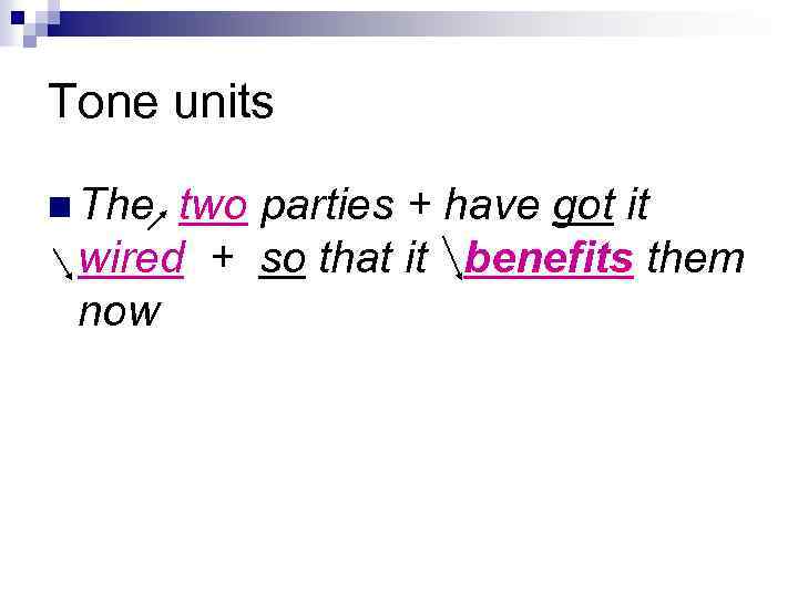 Tone units n The two parties + have got it wired + so that