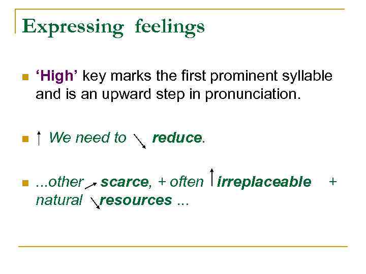 Expressing feelings n n n ‘High’ key marks the first prominent syllable and is
