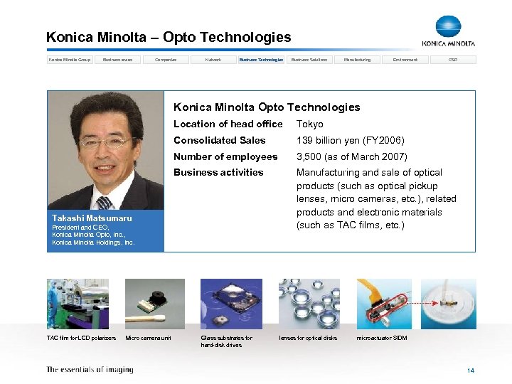 Konica Minolta – Opto Technologies Konica Minolta Group Business areas Companies Network Business Technologies