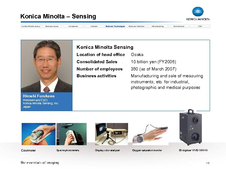 Konica Minolta – Sensing Konica Minolta Group Business areas Companies Network Business Technologies Business