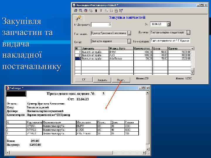 Закупівля запчастин та видача накладної постачальнику 12. 04. 13 