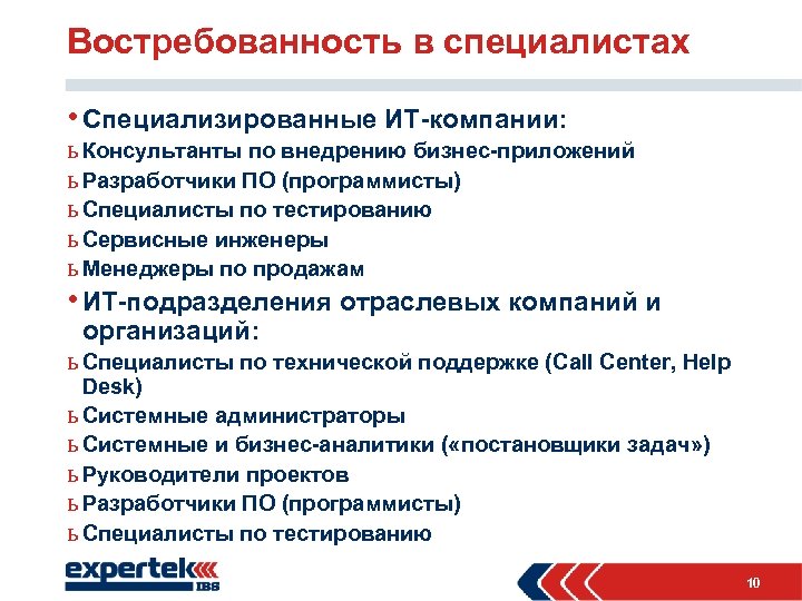 Востребованность в специалистах • Специализированные ИТ-компании: ь Консультанты по внедрению бизнес-приложений ь Разработчики ПО