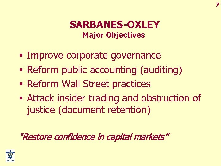 7 SARBANES-OXLEY Major Objectives § § Improve corporate governance Reform public accounting (auditing) Reform