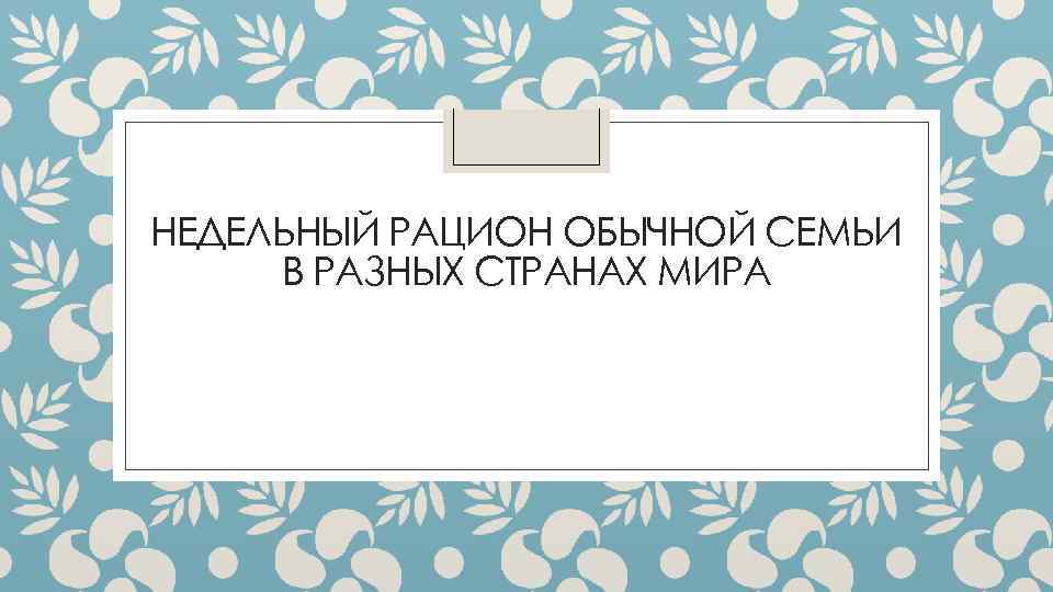 НЕДЕЛЬНЫЙ РАЦИОН ОБЫЧНОЙ СЕМЬИ В РАЗНЫХ СТРАНАХ МИРА 